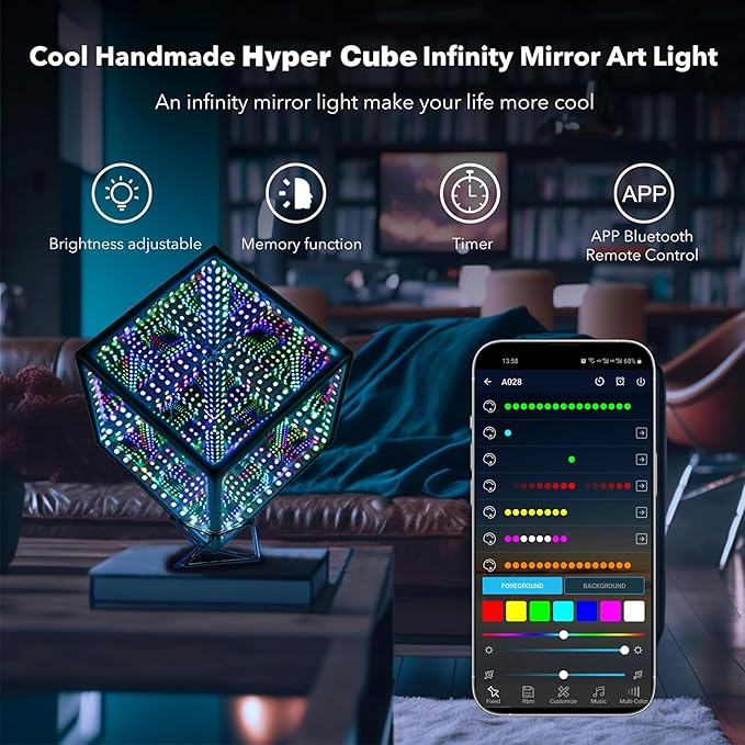 Heepulor Infinity Hyper Cube LED Light LED Controller with Stand, Controller & Sound & App Reactive Table Lamp - Cool & Creative Multicolor Decorative Mirror Art Desk Night Light (8.2 Inches)