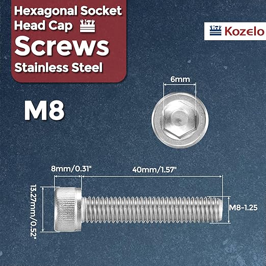 Kozelo 15pcs Socket Head Cap Screws - [M8-1.25 x 40mm] 304 Stainless Steel Allen Socket Drive for Electrical Motor 3D Printing Fan Engine Replacement Use, Silver