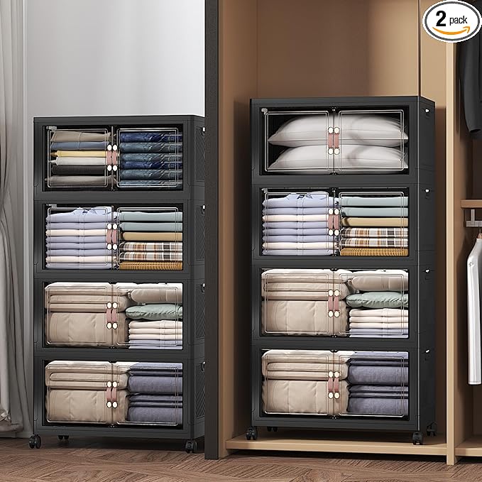 Extra Large Stackable Storage Bins with Lids & Wheels, 440QT-55QT/30GAL*8Pack Foldable Collapsible Closet Organizers Dark Storage Cabinet with Doors for Bedroom Dorm