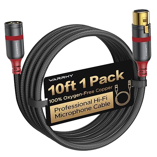 Warrky XLR Cables 10ft 1 Pack [Oxygen-Free Copper (OFC), Gold-Plated Connector] Balanced Microphone Cable Male to Female Professional Hi-Fi XLR Cable