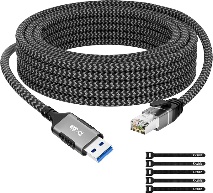 USB to Ethernet Cable 15 FT, USB 3.0 A Male to RJ45 Male Cord, Directly by Kxable