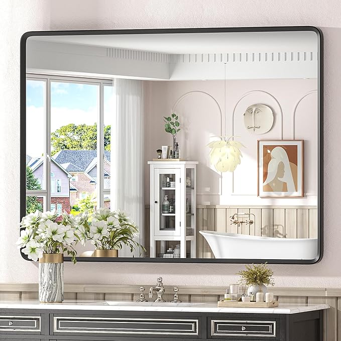 48x36 Black Matte Bathroom Mirror for Wall, Black Metal Framed Vanity Mirror for Bathroom, Rounded Rectangle Mirror with Beveled Border, Anti-Rust, Shatterproof (Horizontal/Vertical)