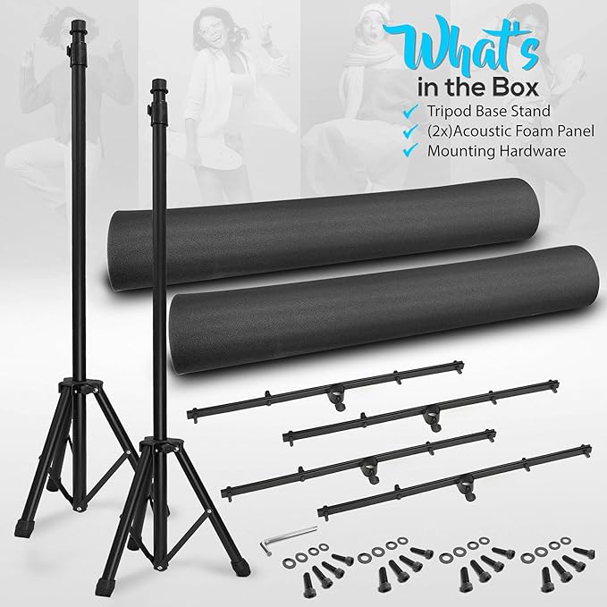 Sound Wall Panel Studio Foam - Acoustic Isolation Absorber Shield and Dampening Wedge with Height Adjustable Stand, Includes Tripod Base Stand, 2 Pack - Pyle PSIP24X2