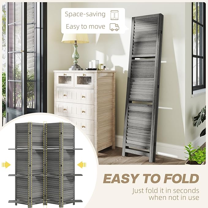HOMCOM Room Divider, 4 Panel 67" Tall Wood Privacy Screen with 3 Display Shelves, and Folding Storage for Bedroom or Home Office, Gray