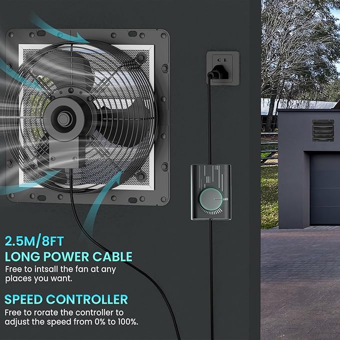HG Power 14 Inch Shutter Exhaust Fan, 882CFM High-Speed Vent Fan, 1400RPM Wall Mounted Attic Fan with Steel for Shed, Garage, Greenhouse Ventilation, Black