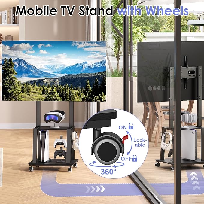 Rolling TV Stand on Wheels for 23-60Inch Flat/Curved Screen TVs,Tilt Mobile TV Cart with 2 Shelves,Portable TV Stand with Adjustable Height Holds up to 50lbs for Indoor Outdoor Max VESA 400x400mm