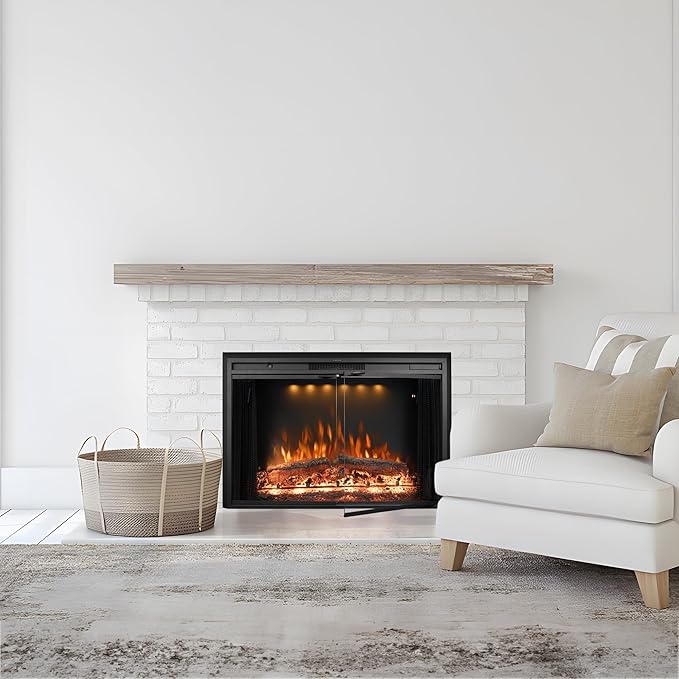 43 Inches Electric Fireplace Insert, 750W/1500W Fireplace Heater with Adjustable Flame and Top Light Colors, Fire Crackling Sound, Remote Control, Timer, Glass Door & Mesh Screen, Black