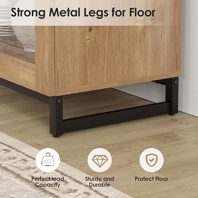 WAMPAT Modern TV Stand with Glass Doors for 32-40 inch TVs, Entertainment Center Console with Adjustable Shelves for Living Room, Bedroom, Oak