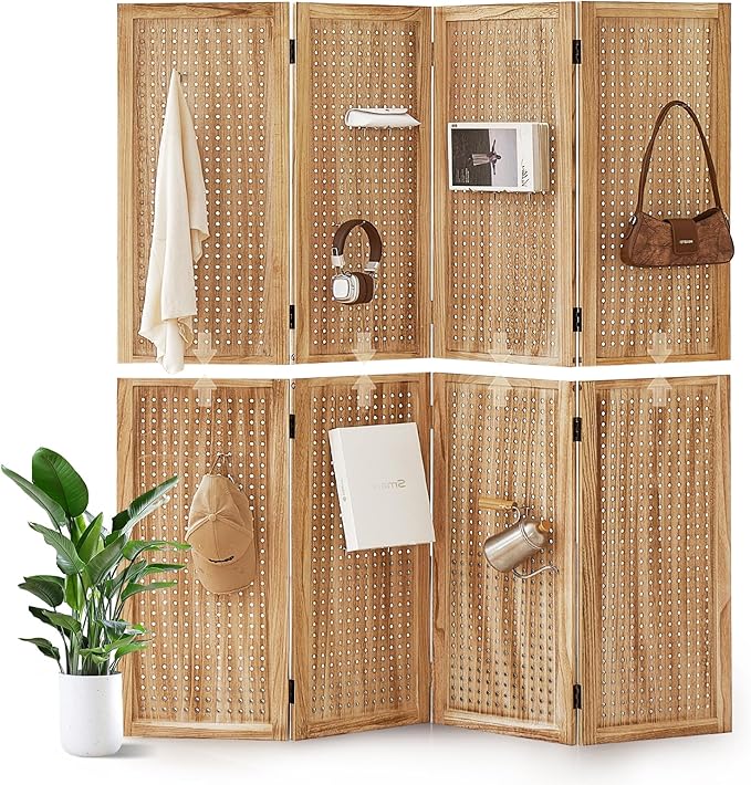 Leesinwing 4 Panel Wooden Room Dividers, 5.6FT High Plug-in Folding Screen Made of Natural Wood, Pegboard Display for Bedroom and Shopping Malls and Jewelry Stores, Light Brown