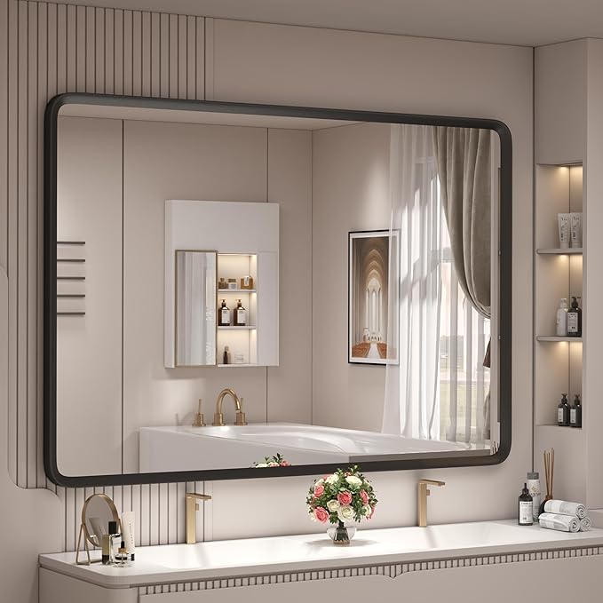 44x30 Inch Black Matte Framed Mirror for Bathroom, Rounded Rectangle Mirror, Bathroom Vanity Mirror for Wall, Anti-Rust, Shatterproof (Horizontal/Vertical)