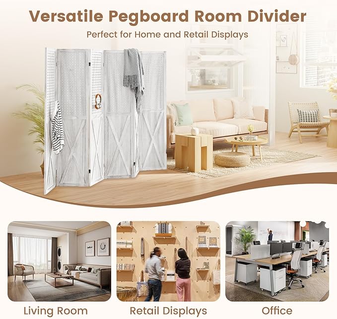 ALeesing 6 Panel Pegboard Room Divider, 5.6Ft Pegboard Display Folding Privacy Screens, Wood Room Divider Peg Board Display Freestanding for Trade Show Craft Show Home Wall Organizer, Retro White