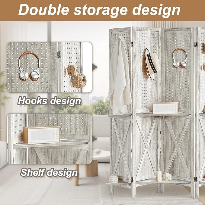 Aleesing 6 Panel Pegboard Display with 24 Hooks, Wooden Pegboard Room Divider Wall with Shelf, Partition Room Dividers and Folding Privacy Screens, Bedroom, Jewelry Store, White
