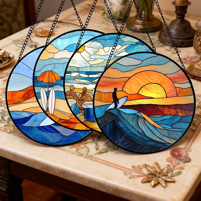 AMDERVEN Stained Glass Window Hanging 4 Pcs Set Blue Ocean Surfing Beach 9.8" - Suncatcher Door Garden Sun Catcher Decor Birthday Mother's Day for Firefighte Men Woman Nana Mom