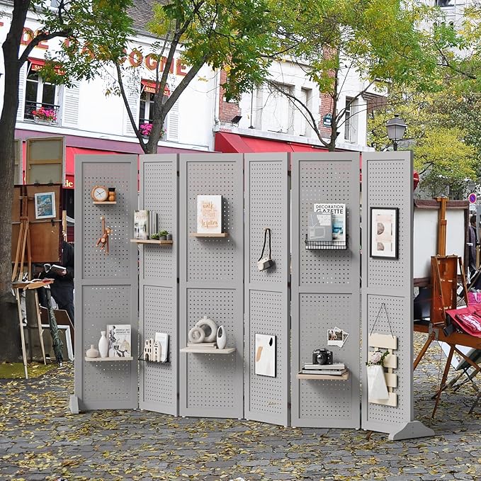 Bonnlo 4/6 Panel Pegboard Freestanding, 5 FT Portable Display Board Organizer for Craft Show Jewelry, Wooden Folding Privacy Screen Room Divider (Grey, 6 Panel with Base)