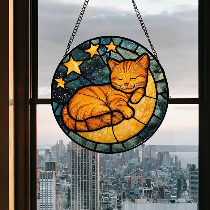 AMDERVEN Stained Glass Window Hanging - Orange Cat Sun Catcher for Door Home Decor Stars and Moon Suncatcher Christmas Mother's Day Birthday Loss of a Pet Gifts for Women Men Mom Nana 9.8 in