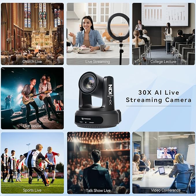 TONGVEO NDI AI Auto-Tracking IP PTZ Camera SDI/HDMI/USB3.0/LAN PoE 30X Optical + 16X Digital Zoom 1080P 60fps for Live Streaming Church Services Education Video Conference with OBS vMix and More