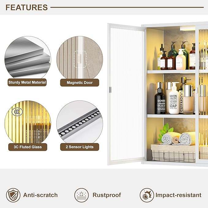 Bathroom Wall Cabinet Over Toilet, Metal Laundry Room Cabinets Wall Mounted, Metal Medicine Cabinets with Glass Doors, Hanging Wall Cabinets for Living Room, White