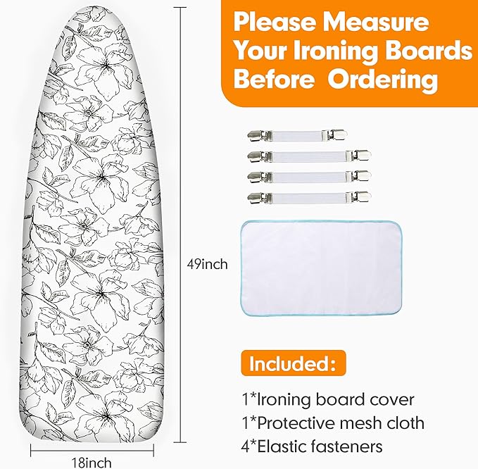 Ironing Board Cover and Pad, 18x49 Extra Wide Thick Iron Padding, Scorch & Stain Resistant Ironing board cover, Heavy Duty Iron Board Padded with Adjustable Fasteners Elastic Edge, Floral White