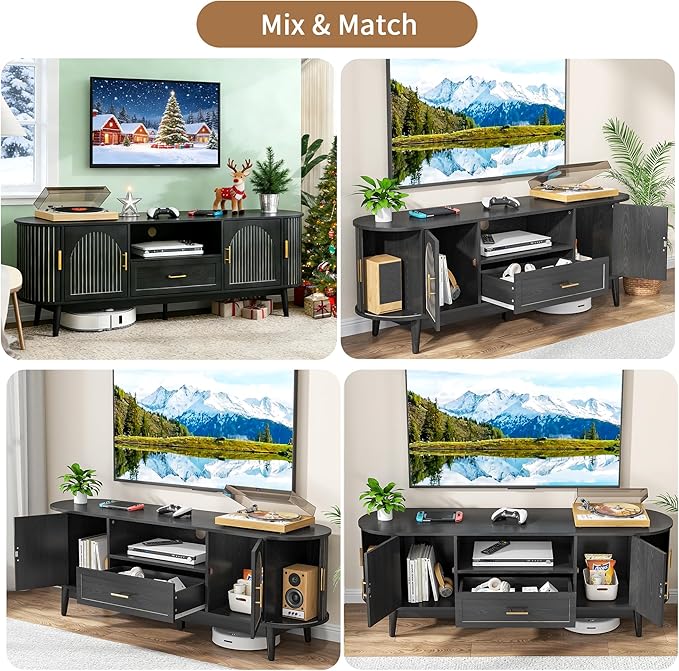 70" Fluted TV Stand for Tvs up to 80", Mid-Century Modern Entertainment Center with Drawers and Fluted Doors, Curved TV Media Console Table with Sliding Doors for Living Room, Bedroom (70" Black)
