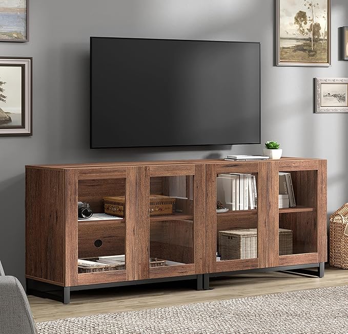 WAMPAT 63 Inch TV Stand with Glass Doors for 32-70 inch TVs, Modern Entertainment Center TV Console with Adjustable Shelves for Living Room, Bedroom, Brown