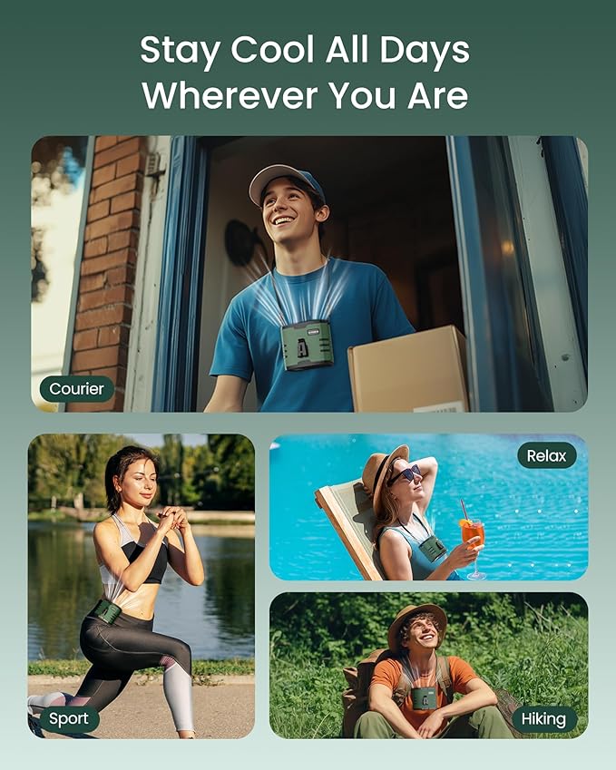 Primelove 10000mAh Portable Waist Rechargeable Fan,Clip on Belt Fan With 10 Speeds 16000PRM Strong Airflow,Hands-Free Hanging Neck Fan,Long-Lasting Cooling for Camping,Hiking,Outdoor,Jobsite,Green