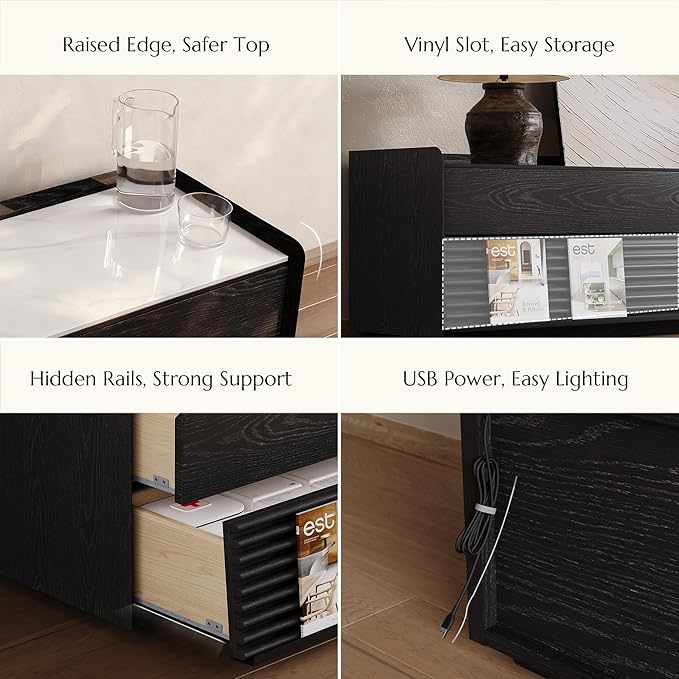 POVISON Fully-Assembled Mid Century Glossy Sintered Stone TV Stand, 94.49" Wood Media Console with Adjustable LED Light, Entertainment Center with Storage for Living Room
