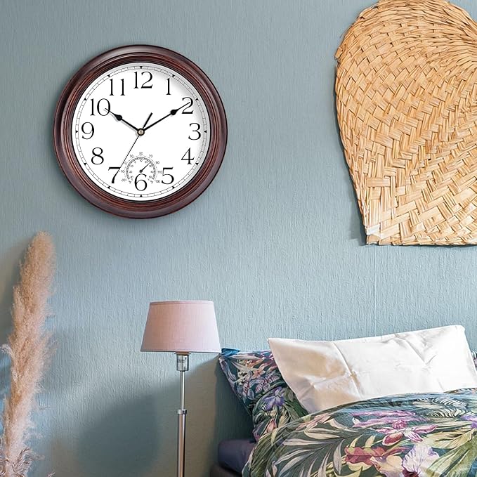 KECYET 10 Inch Outdoor Wall Clock with Thermometers, Vintage Silent Wall Clocks Battery Operated, Retro Non-Ticking Clock Decorative for Living Room, Patio, Kitchen, Office, Bathroom, Bedroom(Bronze)