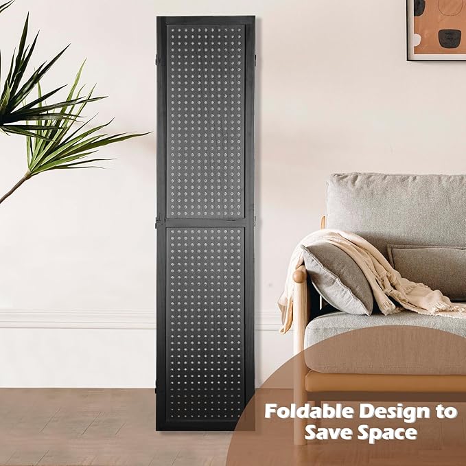 ECOMEX 4 Panel Room Divider, 5.6Ft Pegboard Display Wooden Room Divider Folding Privacy Screen Room Divider Freestanding Peg Board Display for Trade Show Craft Show Home Wall Organizer, Classic Black