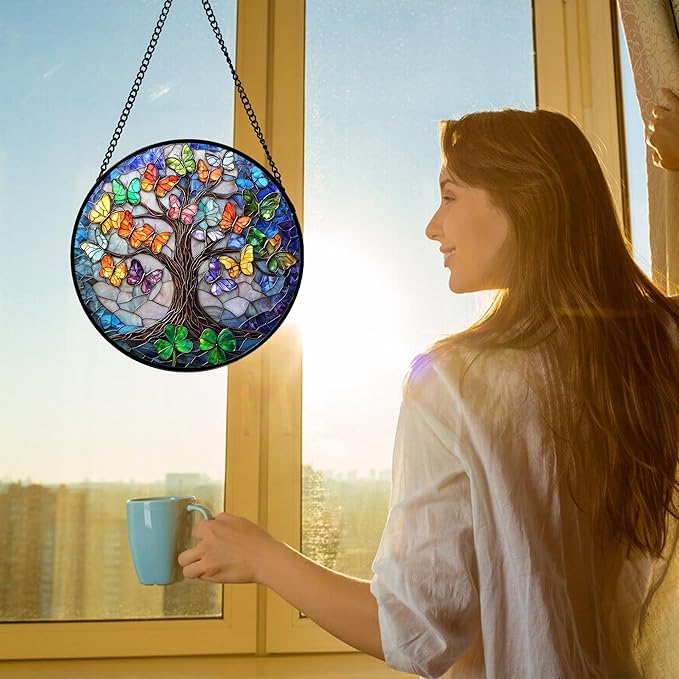 DASTOLL Stained Glass Window Hanging, Butterfly Tree Clover Sun Catchers Glass Panel Blue Suncatcher Decor for Birthday for Women, Men, Wife, Aunt, and Mom 11.8x11.8 in