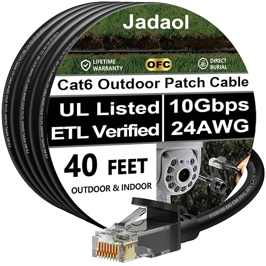 Cat 6 Outdoor Ethernet Cable 40 ft, Support Cat8/7 Network, 10Gbps 550MHz by Jadaol