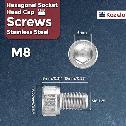Kozelo 10pcs Socket Head Cap Screws - [M8-1.25 x 14mm] 304 Stainless Steel Allen Socket Drive for Electrical Motor 3D Printing Fan Engine Replacement Use, Silver