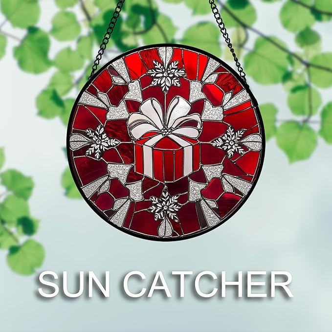 DASTOLL Stained Glass Window Hanging 4 Pcs Set Red Christmas Decorations Theme Large 11.8" - Suncatcher Door Garden Sun Catcher Decor Birthday for Mom Woman Nana Men Friend Wife
