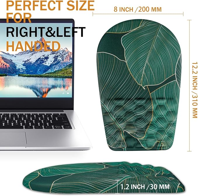 BOCHEERY Ergonomic Mouse Pad Wrist Support,Upgrade Mousepad with Massage Design,Non-Slip PU Base Desktop Mouse Pads for Pain Relief, Computer, Office & Home,12 x 8 in（F-Leaf Green）