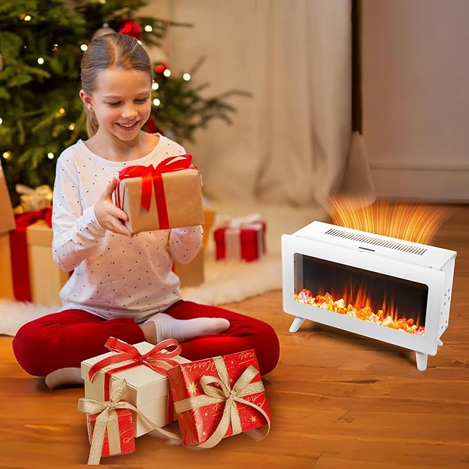 FLAME&SHADE 16 in Small Electric Fireplace Heater - Desk Space Heater with Realistic LED 3D Flames, Freestanding Fire Places Stove, 750 | 1500w, Overheating Protection (White)