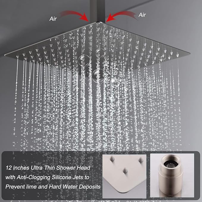 KATAIS Digital Display Shower Fixtures Brushed Nickel Shower System with 12 inch Ceiling Mounted Shower Head and 2 Wall Mounted Shower Head(8 inch), Handheld Shower