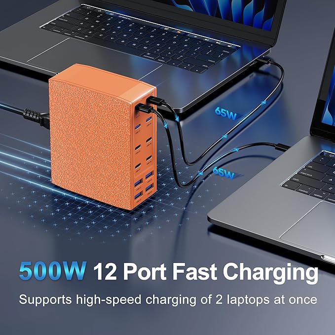 500W USB C Charger Block, 12-Port USB C Charging Station for Multiple Devices, Leather Texture Dual PD 65W Laptop Fast Charger Compatible with MacBook Pro/Air, iPad, iPhone,Galaxy and More,Orange