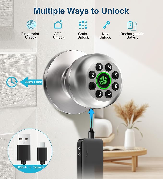 KLLOQUE Fingerprint Door Lock, Smart Fingerprint Door Knob - Image 2