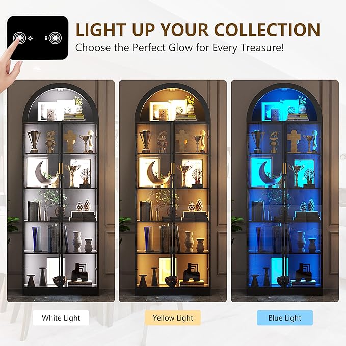 Dystler Arch Display Cabinet with Doors and Adjustable Shelves, 76" Tall Curio Cabinet with LED Lights/Storage Space, 6 Tier Display Case Bookcase for Collectibles Bedroom Living Room Office, Black