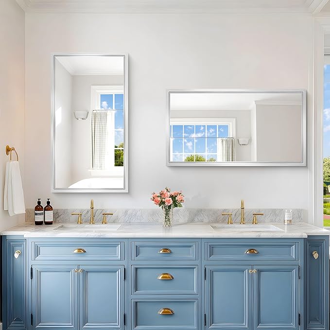 20x36 Silver Bathroom Mirror, Brushed Silver Rectangular Mirror for Wall, 0.6" Thickened Deep Frame Mirrors for Bathroom Sink, Shatterproof Tempered Glass, Antirust, Horizontally or Vertically