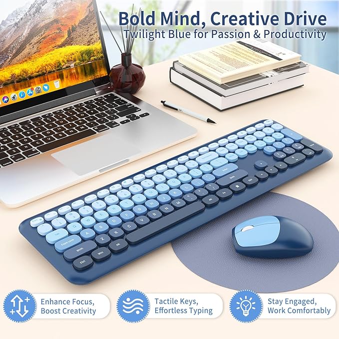 HotFox Wireless Keyboard and Mouse Combo, Full-Size Retro Typewriter Keyboard with Round Keycaps, Ergonomic Design for Windows PC, Home and Office Use -Blue