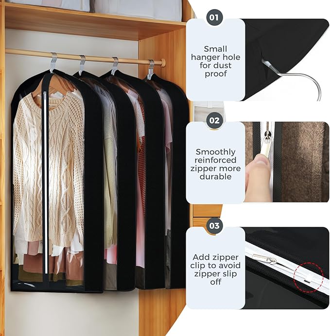 6 Pcs 60" Garment Bags for Hanging Clothes, Clear Suit Bags for Closet Storage Clothing Storage, Garment Bags Shoulder Covers with 4" Gussets for Coats, Jackets, Shirts and Sweater Black