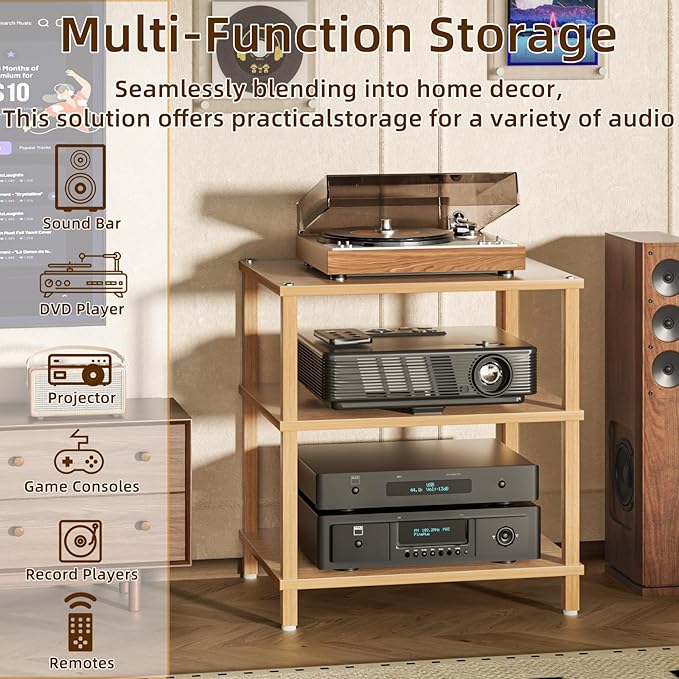 3-Tier AV Media Player Stand, Natural Stereo Cabinet, Modern Audio Shelf, Wooden TV Stand,Game Console Shelf, Multifunctional Entertainment Center, Suitable for Home, Conference Room, Game Studio