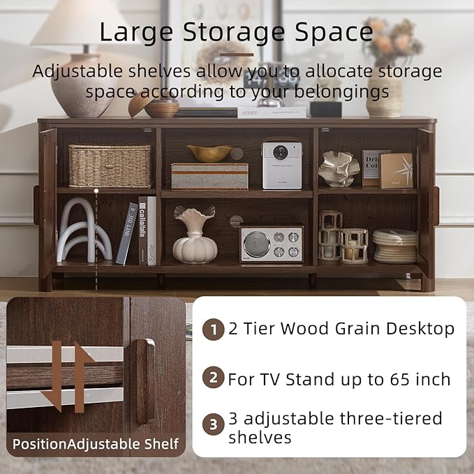 Joaxswe Farmhouse 55" Entertainment Center, Dark Walnut Tv Stand with Adjustable Shelves & 2 Door Storage,Wood Media Console Cabinet for TVs Up to 65 inches, Rustic Tv Stands for Living Room,Bedroom