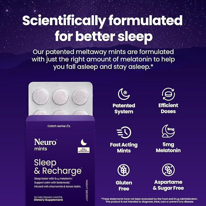 Neuro Sleep & Recharge Meltaway Mints - Contains Melatonin 5mg, Chamomile & Elderberry - Travel Aid for Nighttime Relaxation & Healthy Sleep Cycle - Night Berry 72, ct