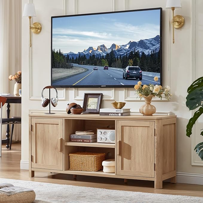 Joaxswe Farmhouse 55" Entertainment Center, Natural Oak Tv Stand with Adjustable Shelves & 2 Door Storage,Wood Media Console Cabinet for TVs Up to 65 inches, Rustic Tv Stands for Living Room,Bedroom