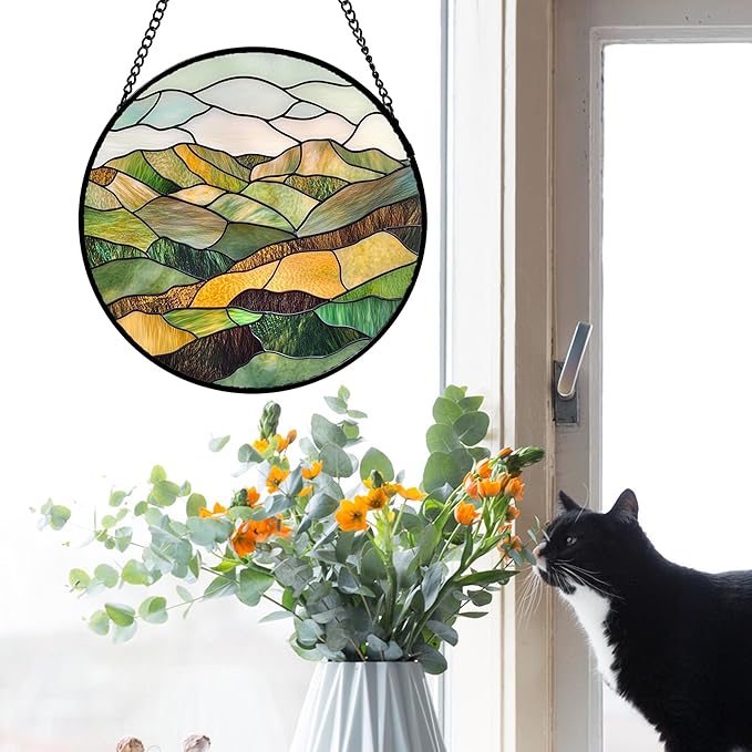 AMDERVEN Stained Glass Window Hanging 4 Pcs Set Mountain River Landscape 6.3" - Suncatcher Door Garden Sun Catcher Decor Birthday Mother's Day for Mom Woman Nana Girl Boy Friend
