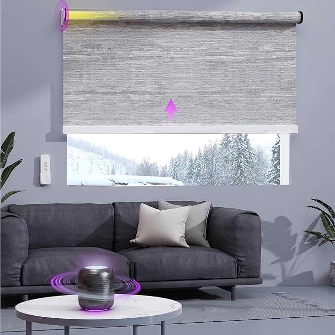 Astomi Motorized Smart Blinds for Windows, Automatic Roller Blackout Shades with Remote Control Compatible with Alexa Google Assistant Customized (Foggy Grey)