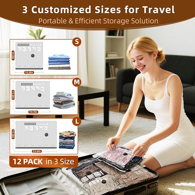 VACKFOX 12 Pack Vacuum Bags for Travel with Rechargeable Air Pump Equipped LED Light, Vacuum Storage Bags(4L+4M+4S), 80% Space Saver Vacuum Seal Bags for Blankets, Comforters, Lugggage