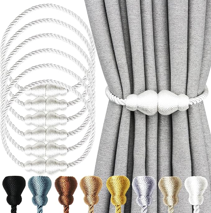 Nieffeiy Magnetic Curtain Tiebacks Outdoor Curtain Tie Backs Rope Decorative Magnetic Curtain Holders for Drapes Window Treatment Holdbacks, White 6Pack