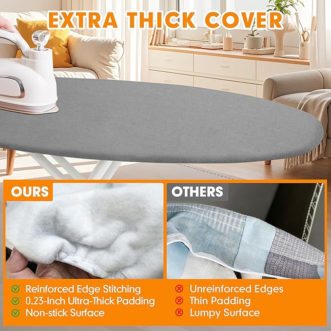 Ironing Board Cover and Pad, 15x54 Standard Size Thick Iron Padding, Scorch & Stain Resistant Ironing board cover, Heavy Duty Iron Board Padded with Adjustable Fasteners Durable Elastic Edge, Grey